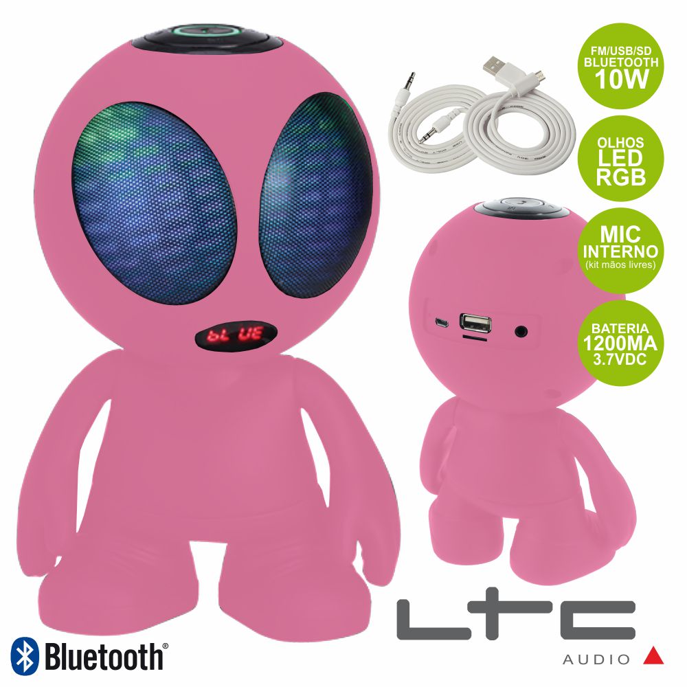 (imagem para) Coluna Bluetooth Alien Wiki 10W FM/USB/SD Bat Mic Rosa Ltc